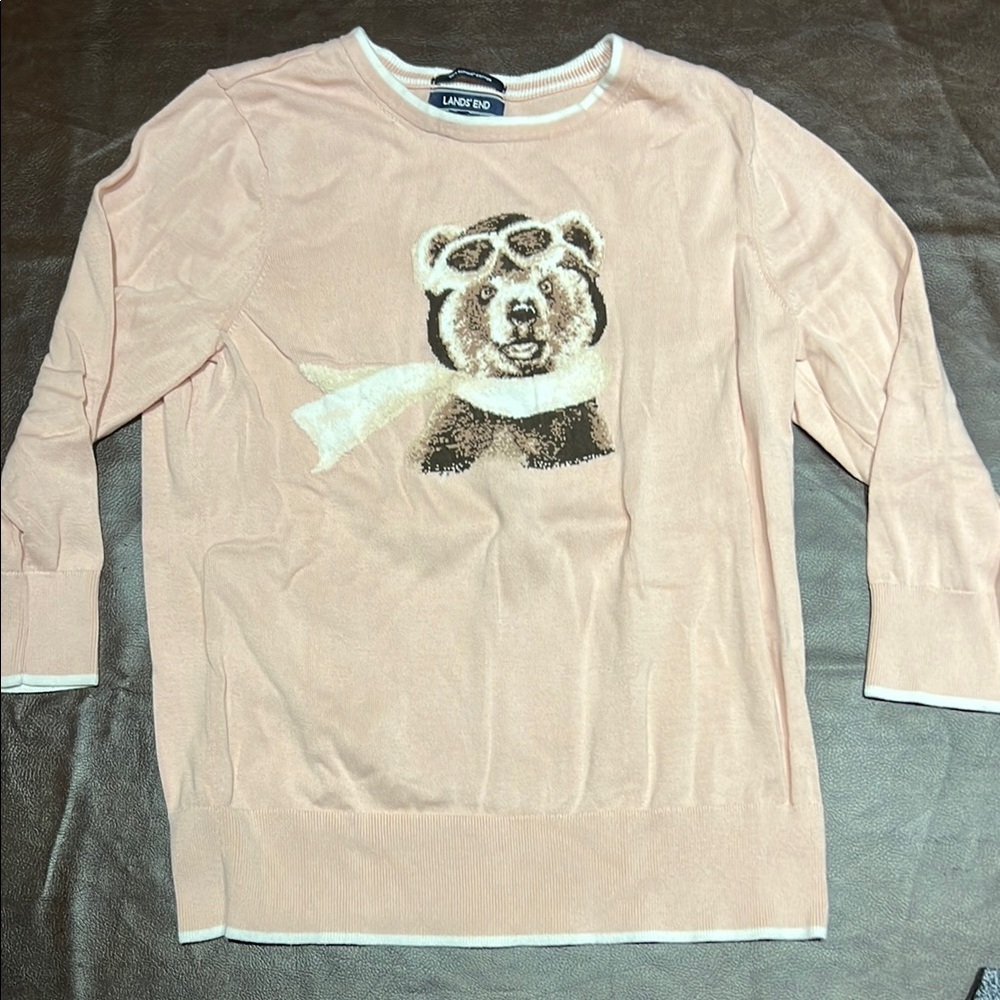 Lands' End Pink Crew Neck Pilot Aviator Sweater with Bear Design